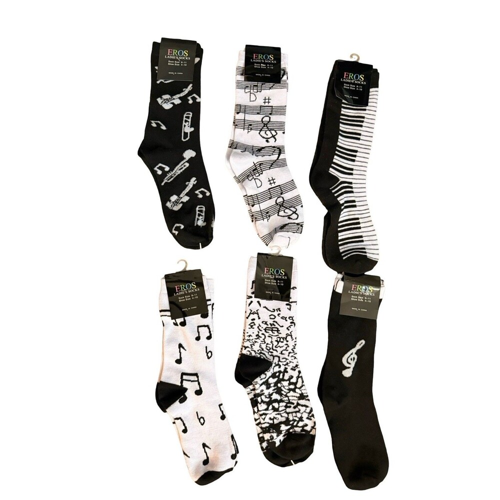Womens Music Socks 6 Pairs Notes Piano Guitar Novelty Crew Size 9-11 New